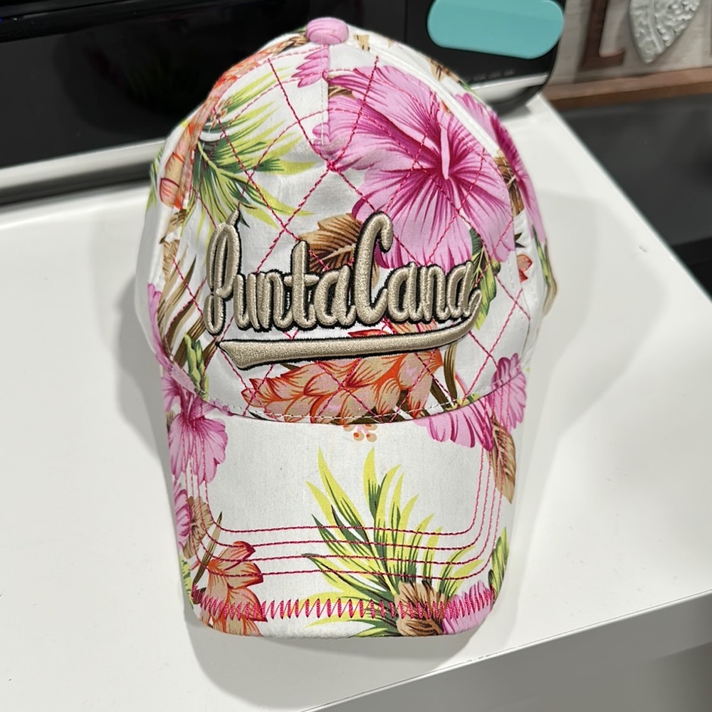 Punta Cana Pink and Green Floral Hat with Curved Brim (adjustable hat)